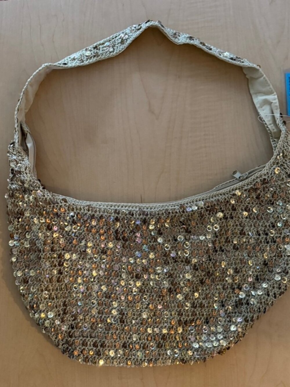 Frankie & Johnnie NWT Gold Sequin Crochet Crescent Shoulder Bag